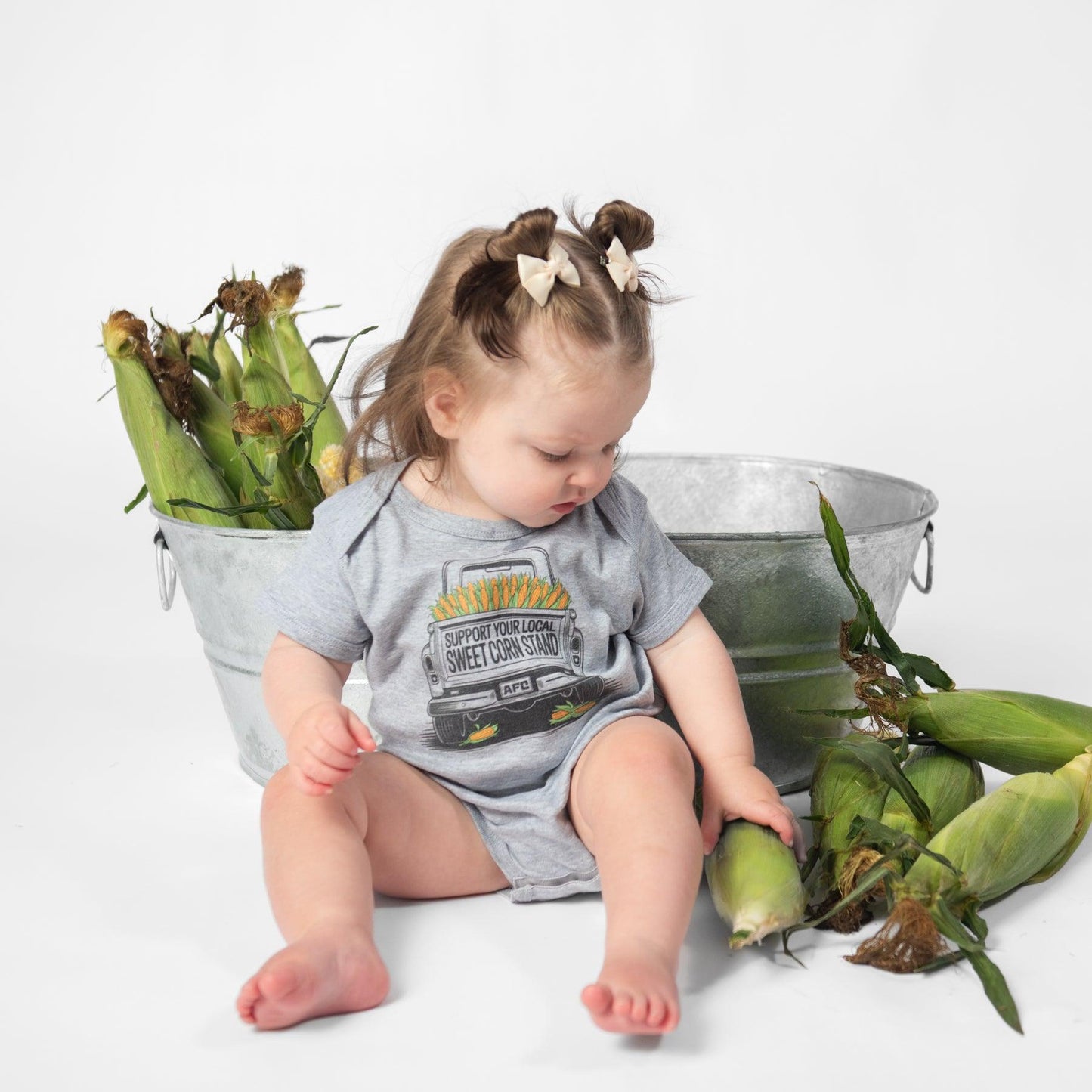 'Support Your Local Sweet Corn Stand' Truck Gray Onesie