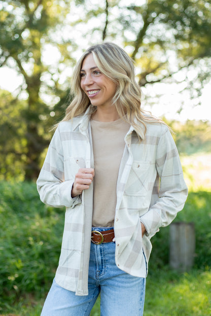 Tan & Lt. Blue Plaid Button Up
