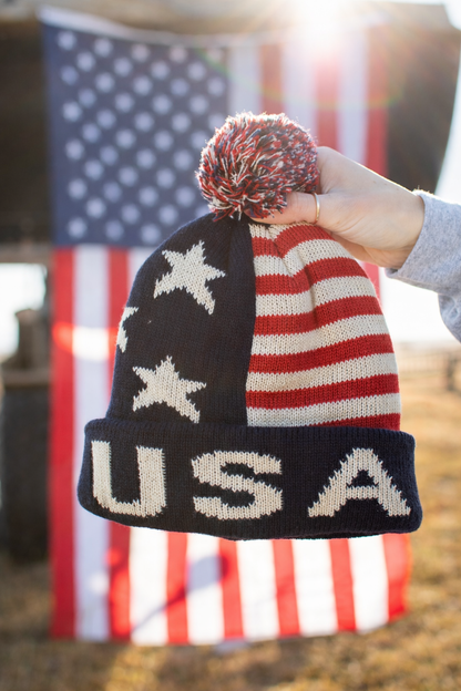 USA Patriotic Pom Beanie