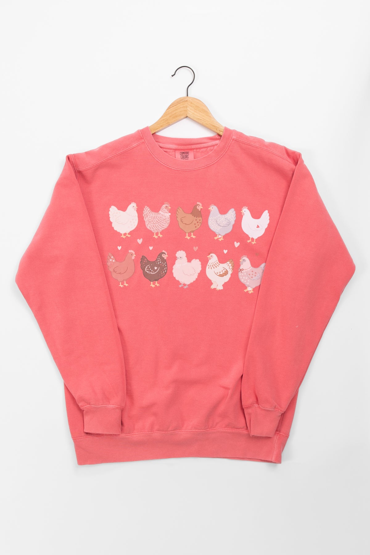 Valentine Chickens & Hearts Coral Crewneck