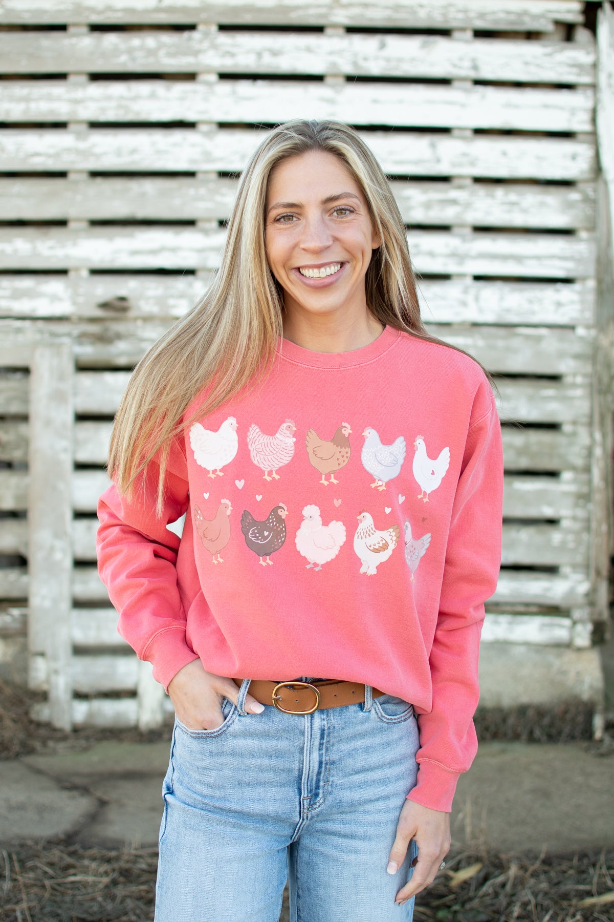 Valentine Chickens & Hearts Coral Crewneck