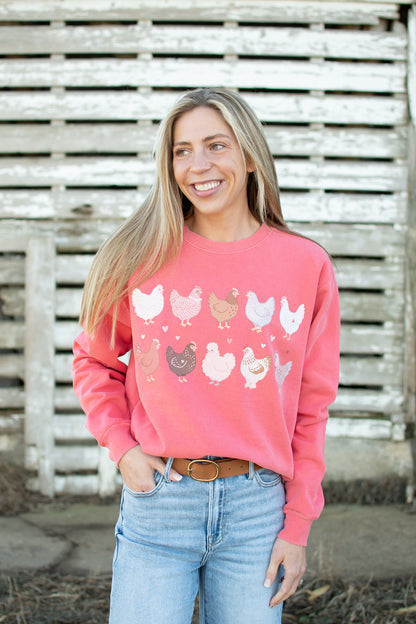 Valentine Chickens & Hearts Coral Crewneck