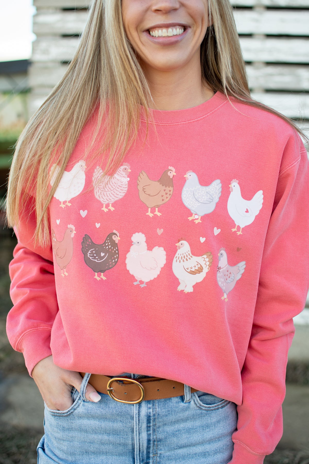 Valentine Chickens & Hearts Coral Crewneck