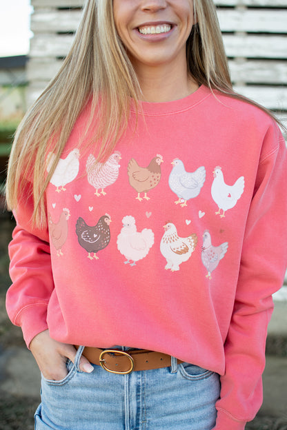 Valentine Chickens & Hearts Coral Crewneck