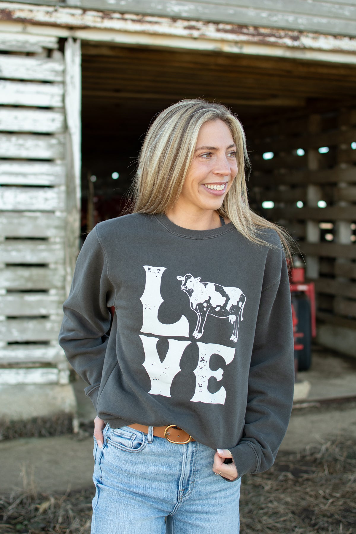 Valentine Cow 'LOVE' Charcoal Crewneck