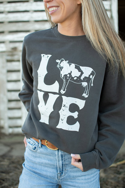 Valentine Cow 'LOVE' Charcoal Crewneck