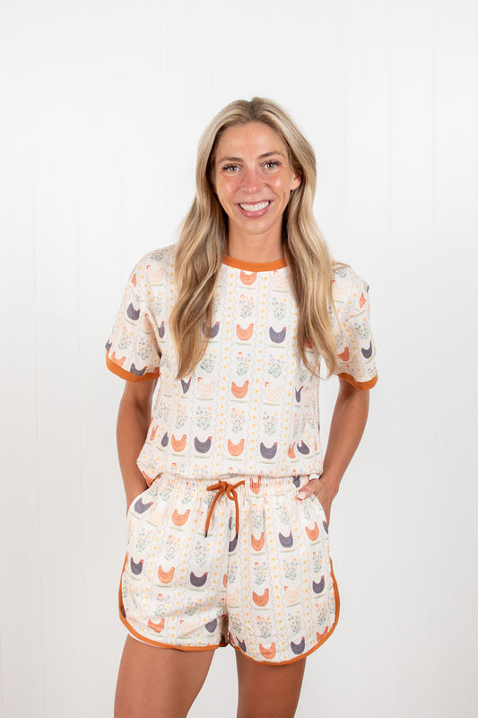 Vintage Chicken Floral Adult 2-Piece Short Lounge Set