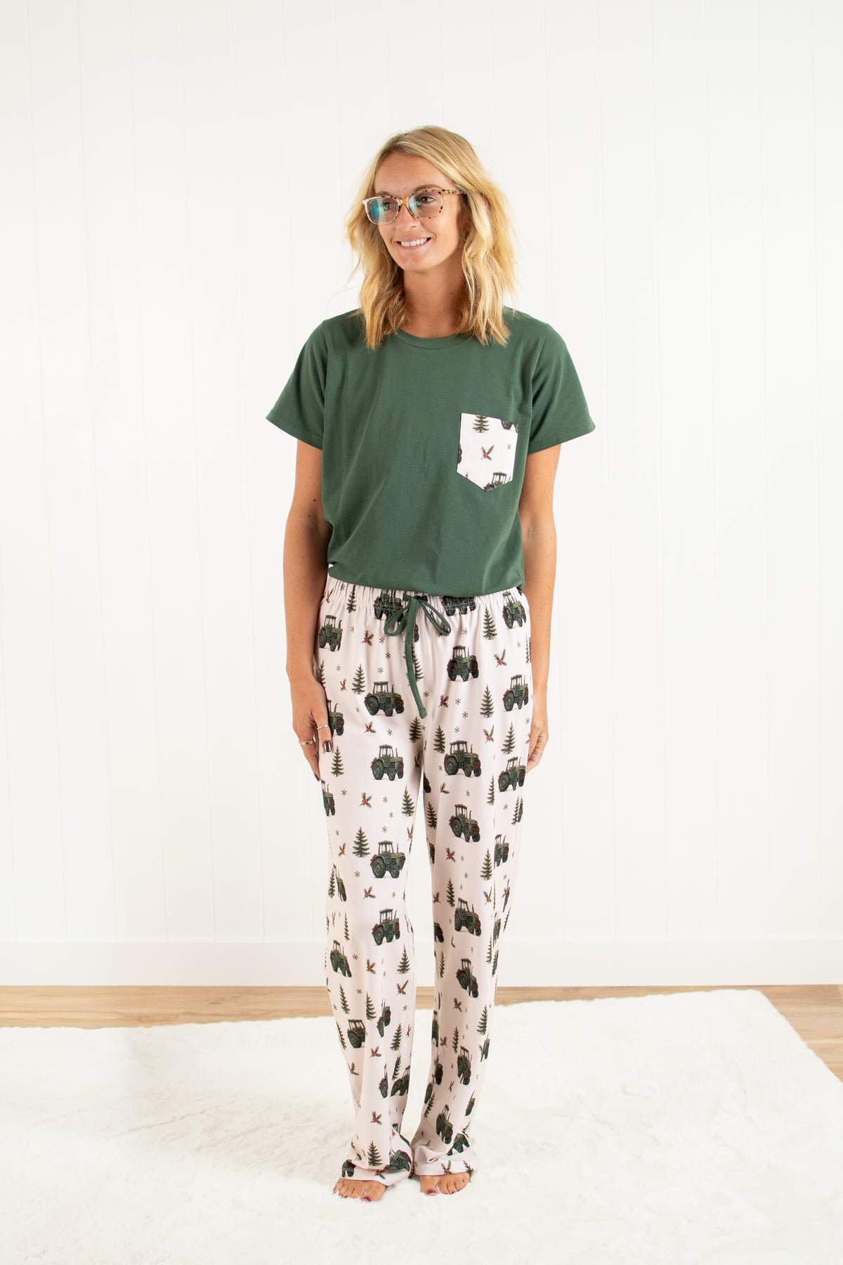 Vintage Green Tractor Christmas Adult Pajama Top *Preorder*