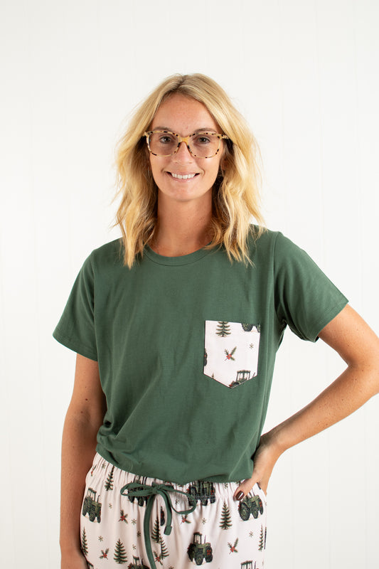 Vintage Green Tractor Christmas Adult Pajama Top *Preorder*