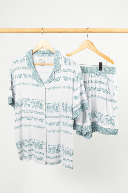 Vintage Kitchen Classic Print Adult Bamboo Pajama 2-Piece Set - Blue