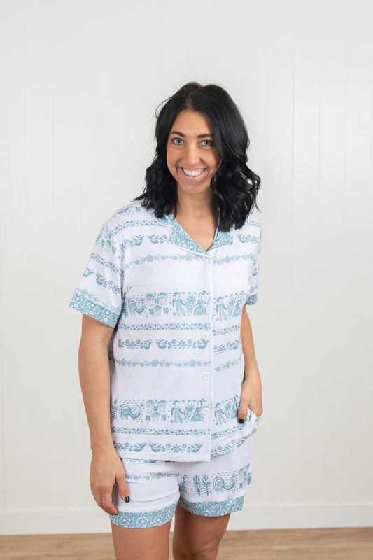 Vintage Kitchen Classic Print Adult Bamboo Pajama 2-Piece Set - Blue