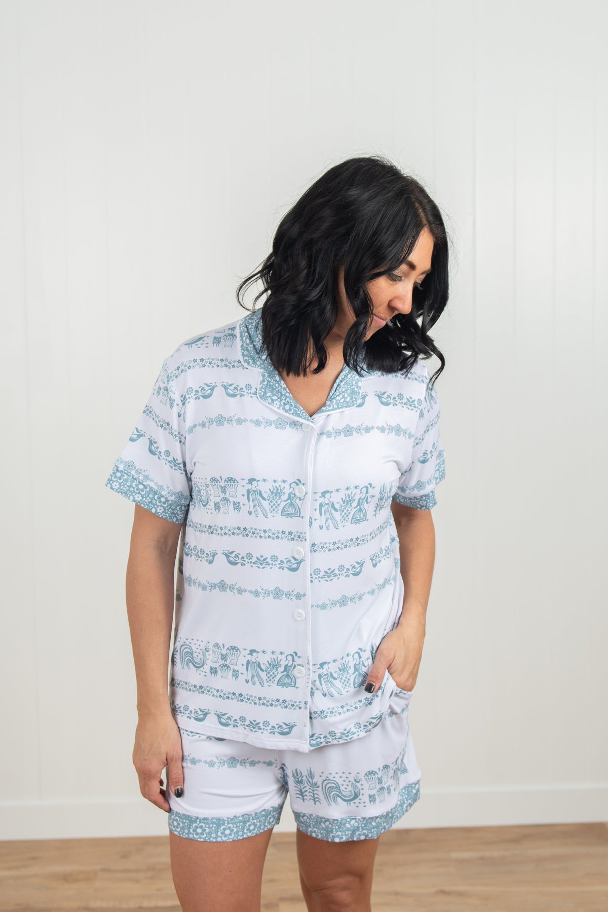 Vintage Kitchen Classic Print Adult Bamboo Pajama 2-Piece Set - Blue