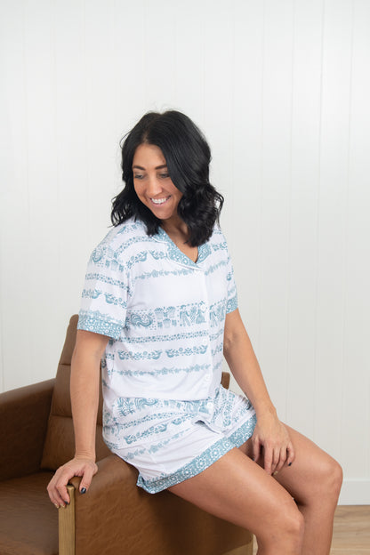 Vintage Kitchen Classic Print Adult Bamboo Pajama 2-Piece Set - Blue