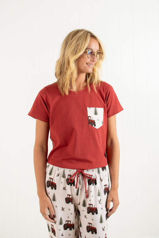 Vintage Red Tractor Christmas Adult Pajama Top *Preorder*