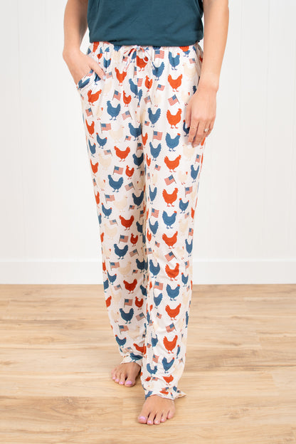 Vintage Chickens & Flags Adult Bamboo Pajama Pants