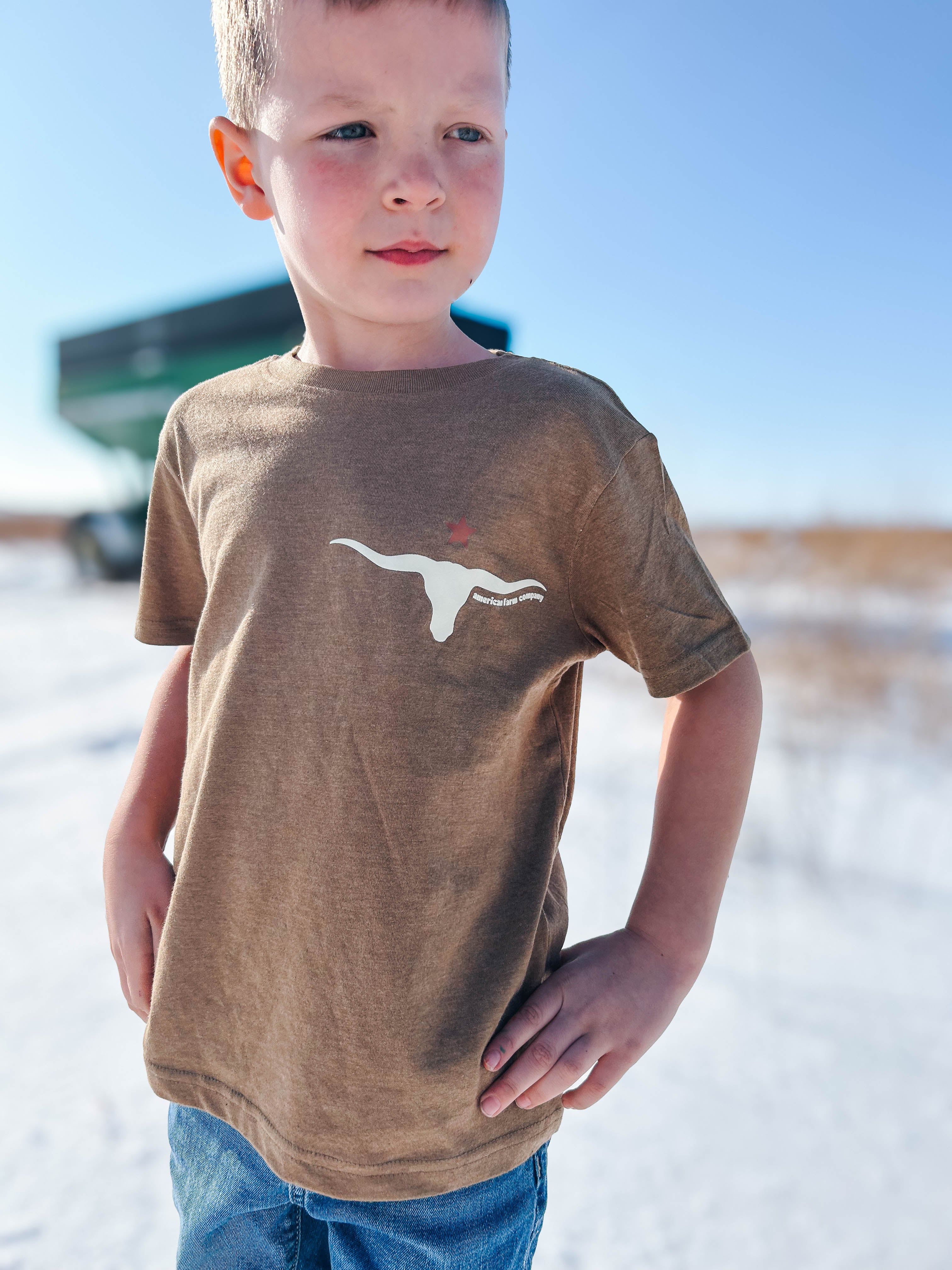 Western Skull 'Support Farmers' Heather Brown Tee- Toddler/Youth