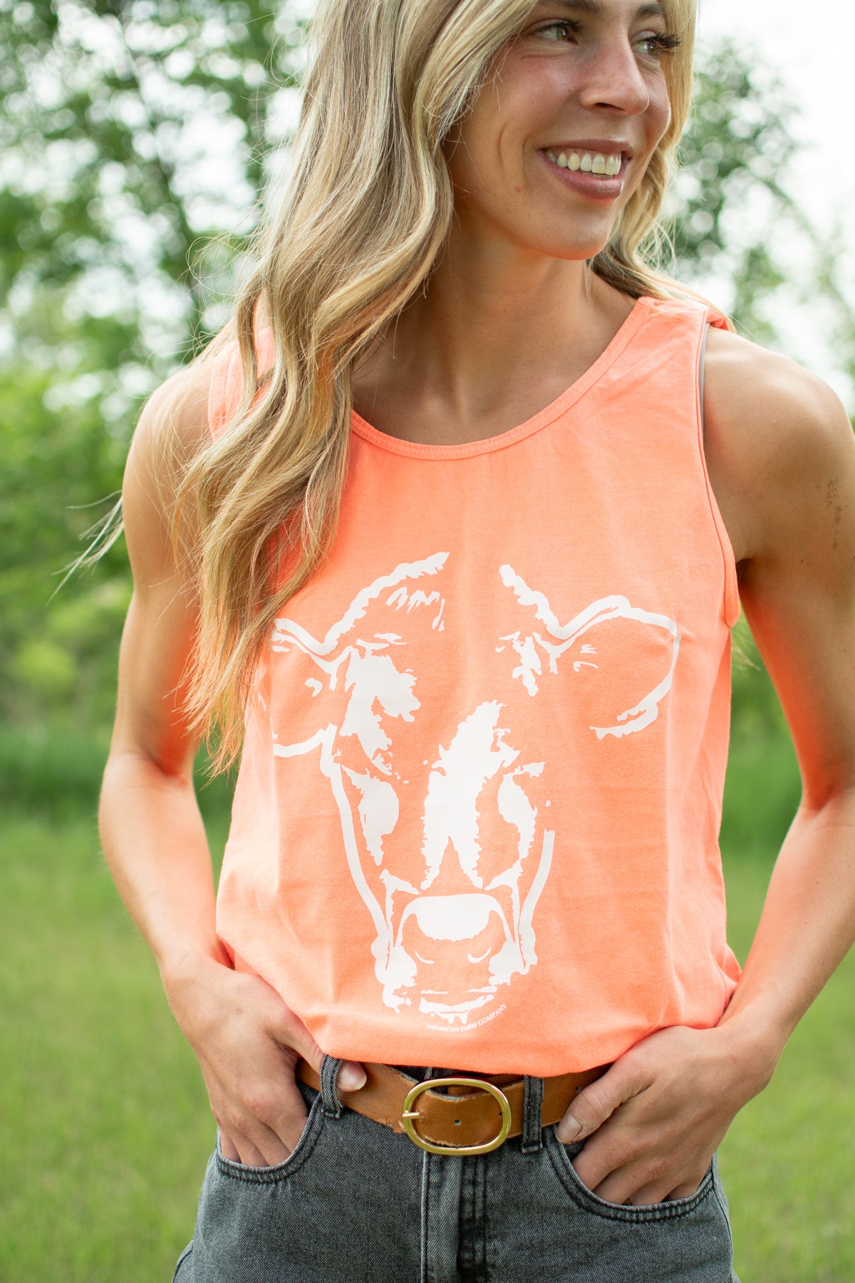 Watercolor Cow Neon Orange Tank Top