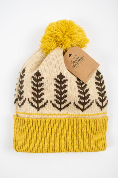 Wheat Pattern Knit Pom-Pom Cuffed Stocking Cap