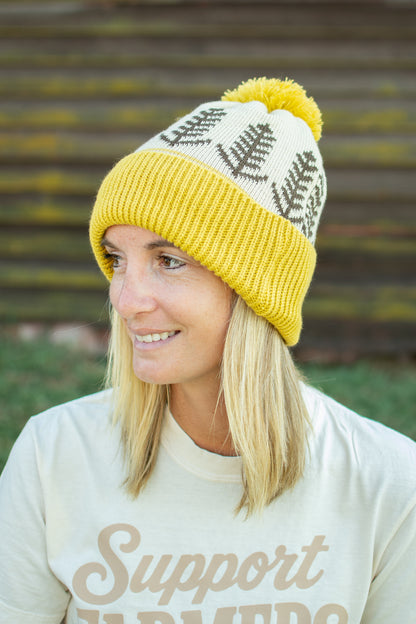 Wheat Pattern Knit Pom-Pom Cuffed Stocking Cap