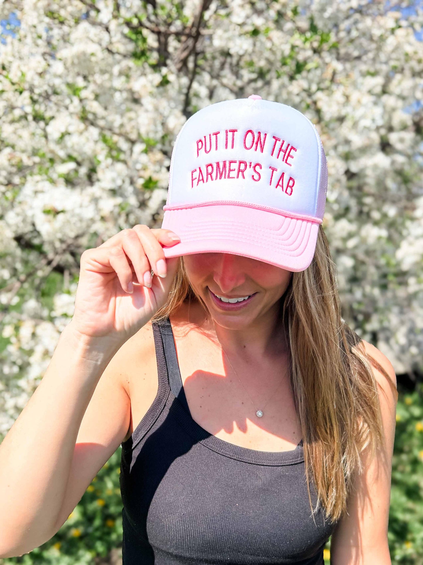 'Put It On The Farmer's Tab' Foam Trucker Hat - Pink/White
