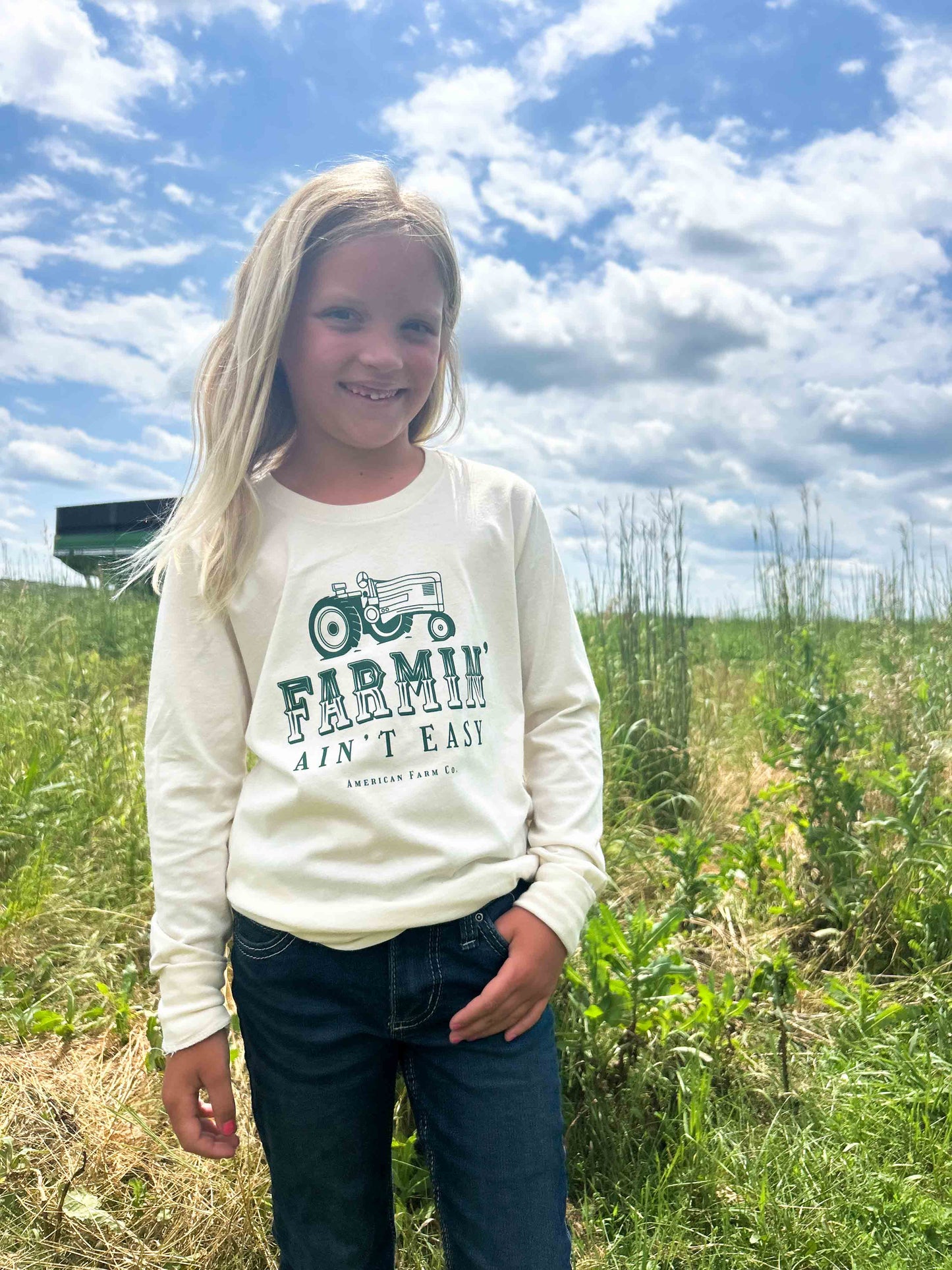 ‘Farmin’ Ain’t Easy’ Green Toddler/Youth Long Sleeve