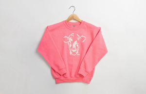 Watercolor Cow Pink Youth Crewneck