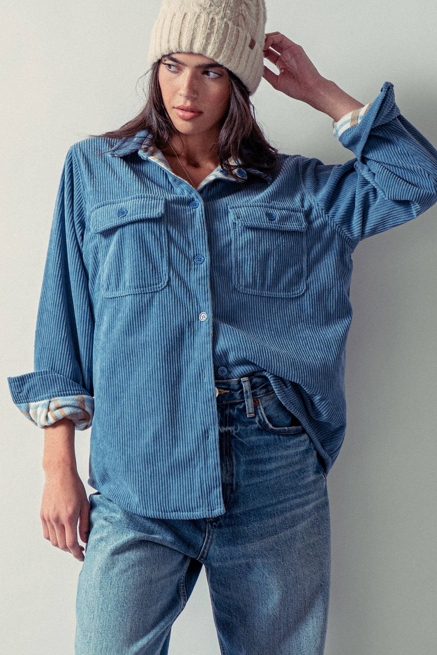 Plaid Lined Reversible Corduroy Flannel Shacket