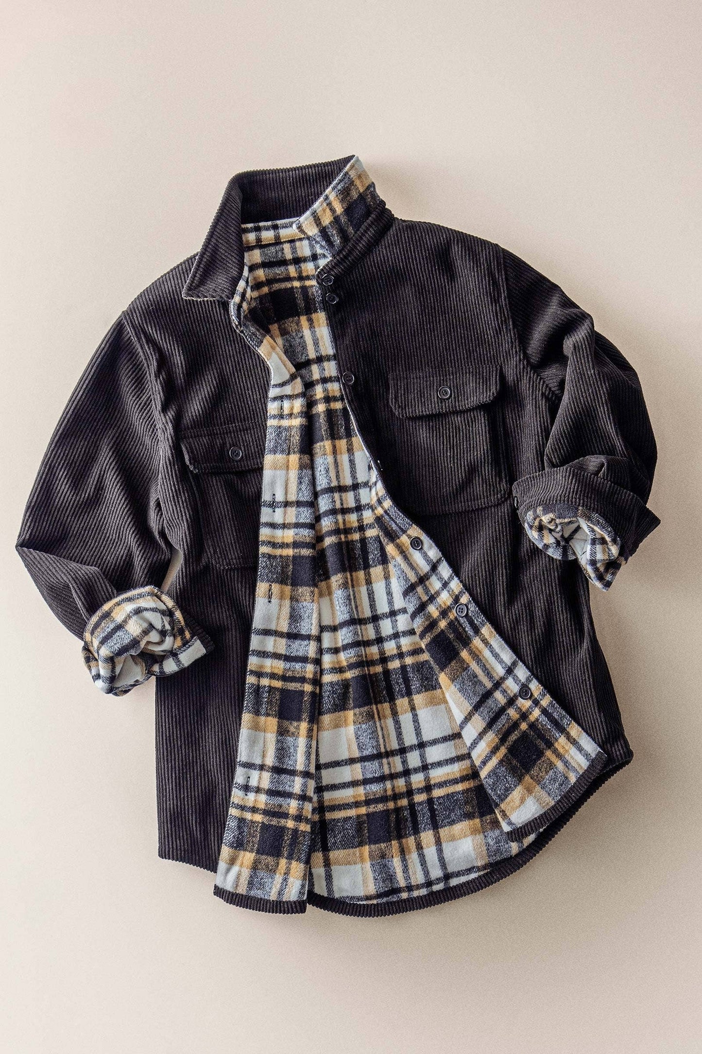Plaid Lined Reversible Corduroy Flannel Shacket