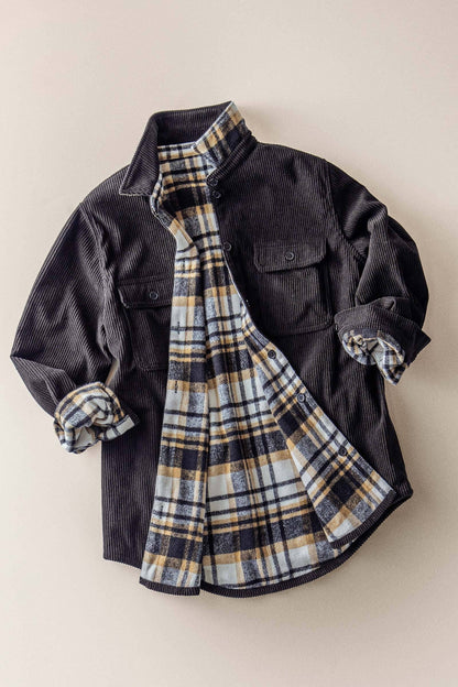 Plaid Lined Reversible Corduroy Flannel Shacket