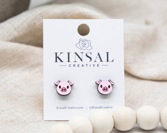 Pig Face  Wood Stud Earrings