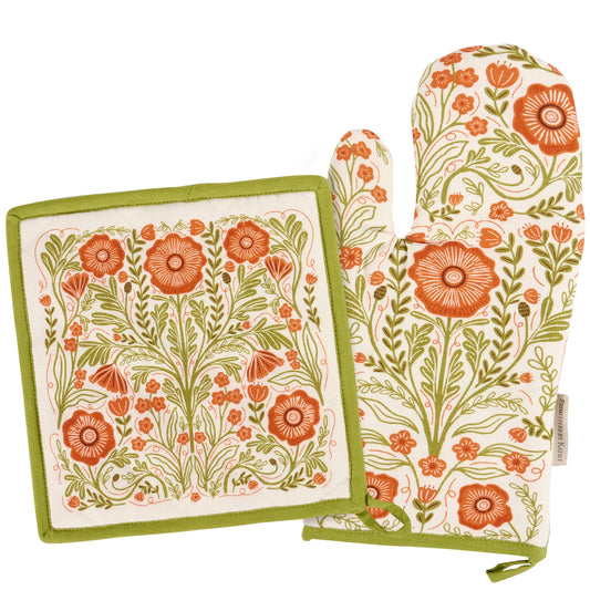 Poppies Folk Art Kitchen Hot Pad & Over Mitt Set