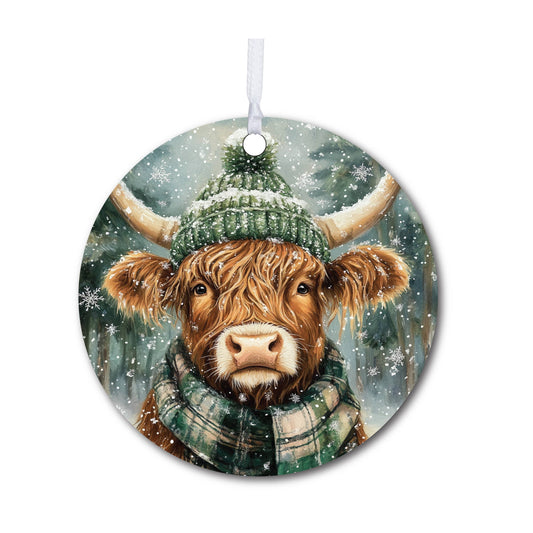Highland Cow in Green Christmas Ornament