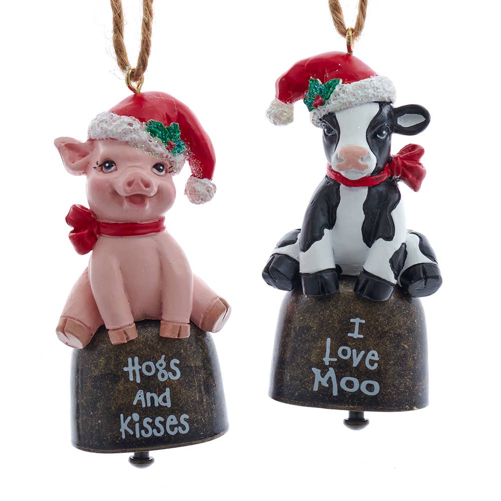 Festive Calf & Piglet on Bell 3" Ornament - Set of 2