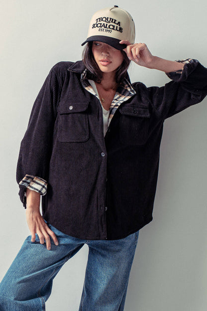 Plaid Lined Reversible Corduroy Flannel Shacket
