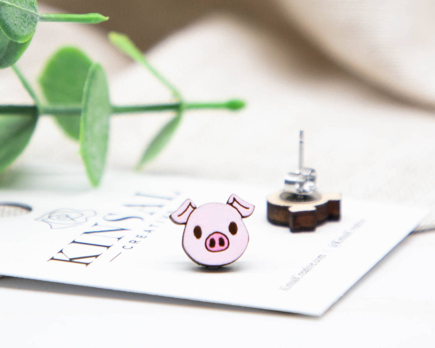 Pig Face  Wood Stud Earrings
