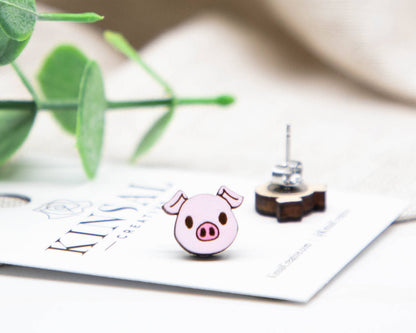 Pig Face  Wood Stud Earrings