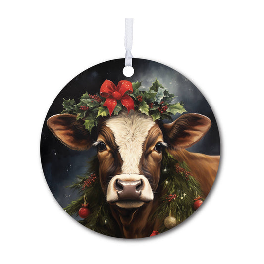 Cow with Holly Christmas Ornament