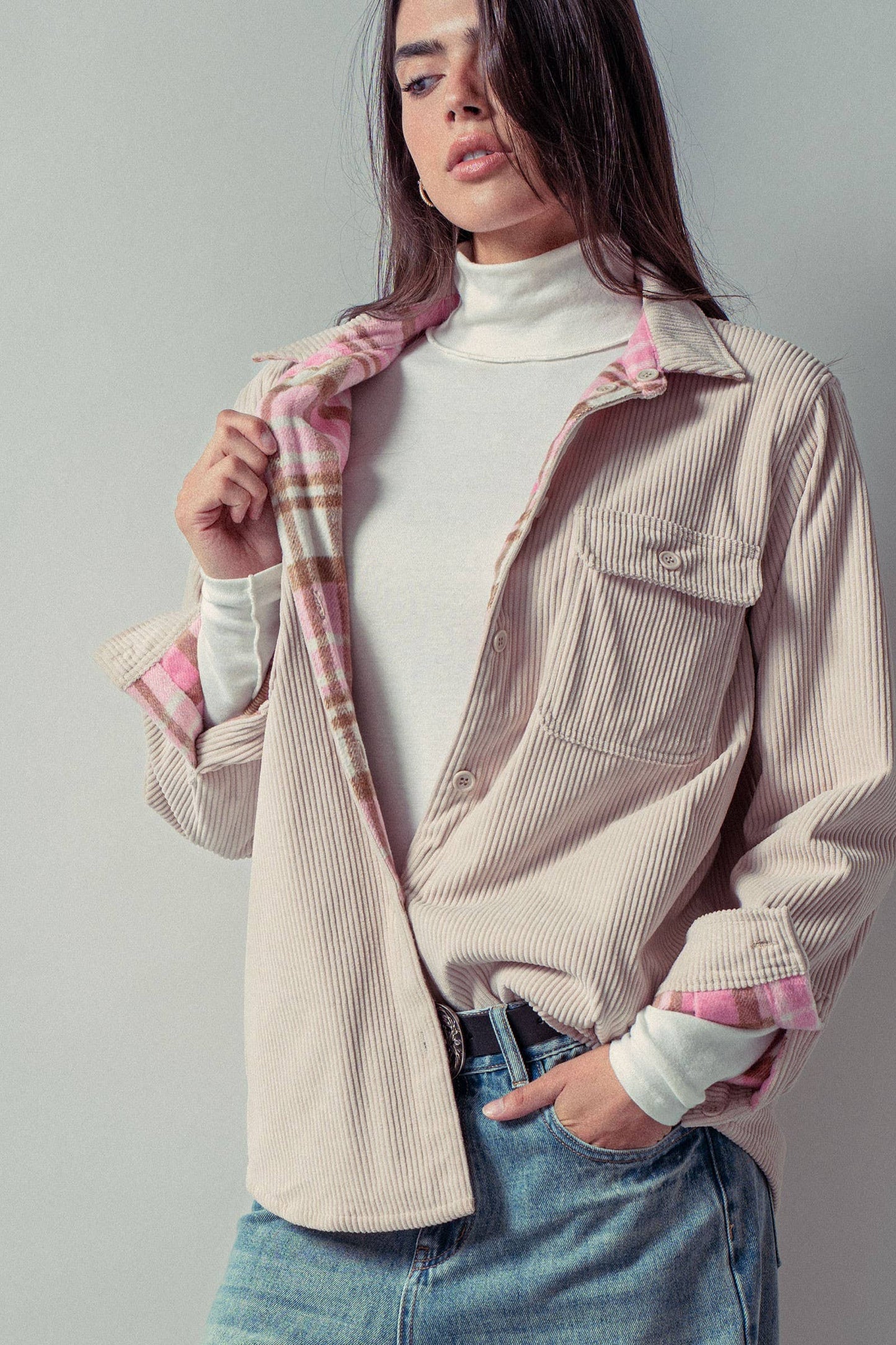 Plaid Lined Reversible Corduroy Flannel Shacket