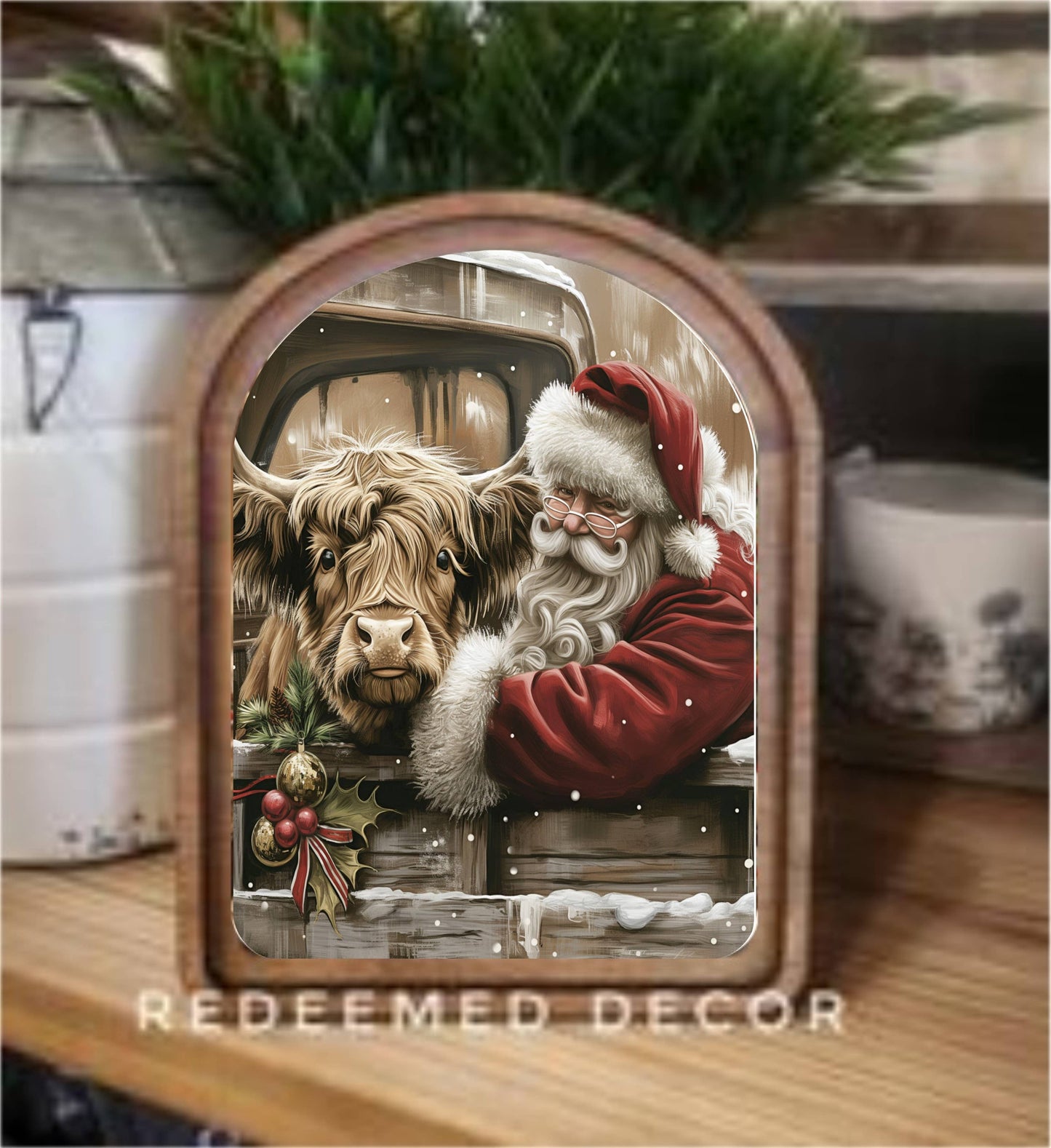 Highland with Santa Arch Top Framed Art