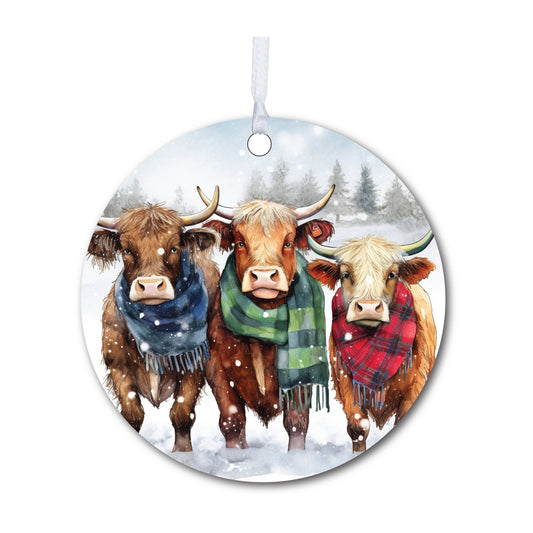 Snowy Highland Cows Christmas Ornament