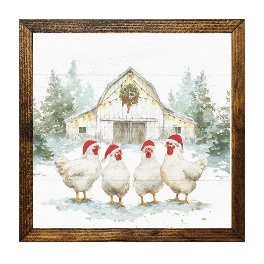 Snowy Christmas Chickens and Barn Framed Artwork