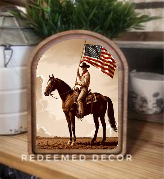 Patriotic Cowboy Arch Top Framed Art