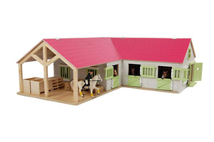 Wooden Horse Stable w/ Pink Roof, 4 Stalls - Barn Only - American Farm Company