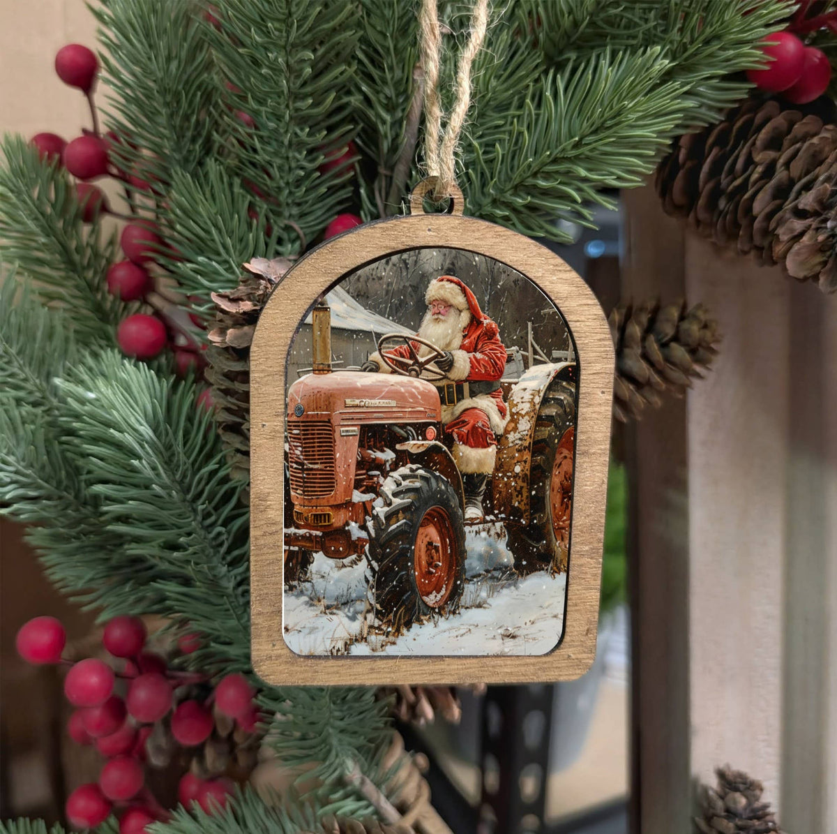 Tractor Santa Canvas Arch Ornament