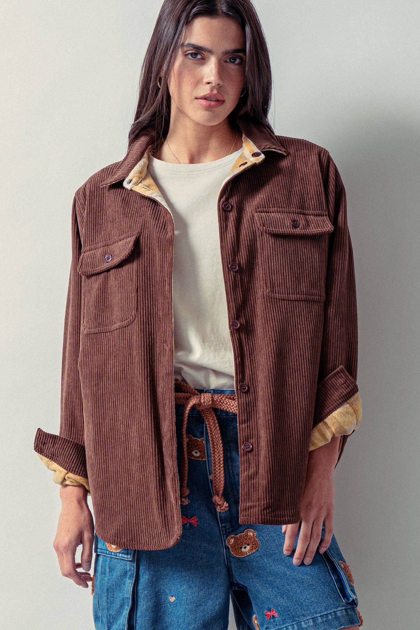 Plaid Lined Reversible Corduroy Flannel Shacket