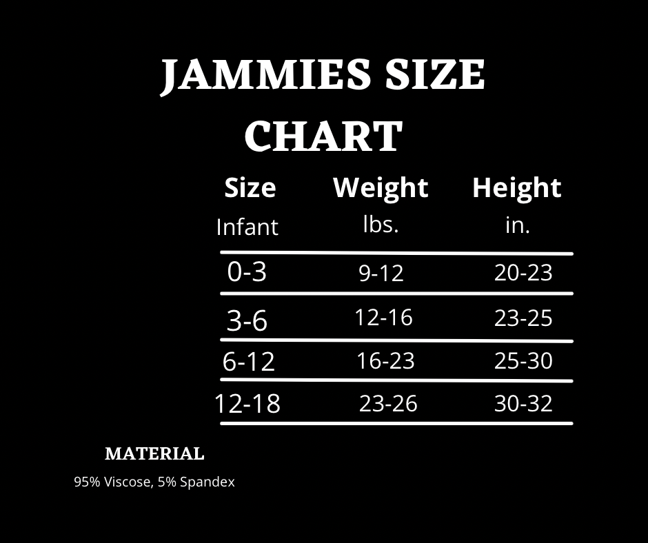 Jammies size chart of Bamboo Pajamas