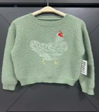 Sage knit sweater with chicken graphic