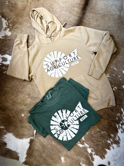Support Agriculture Tan Hoodie flat lay available in two colors