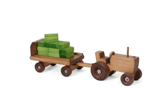 Amish-Made Wooden Toy Tractor and Wagon Set with Hay Bales - American Farm Company