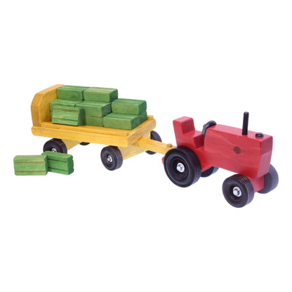 Amish-Made Wooden Toy Tractor and Wagon Set with Hay Bales - American Farm Company